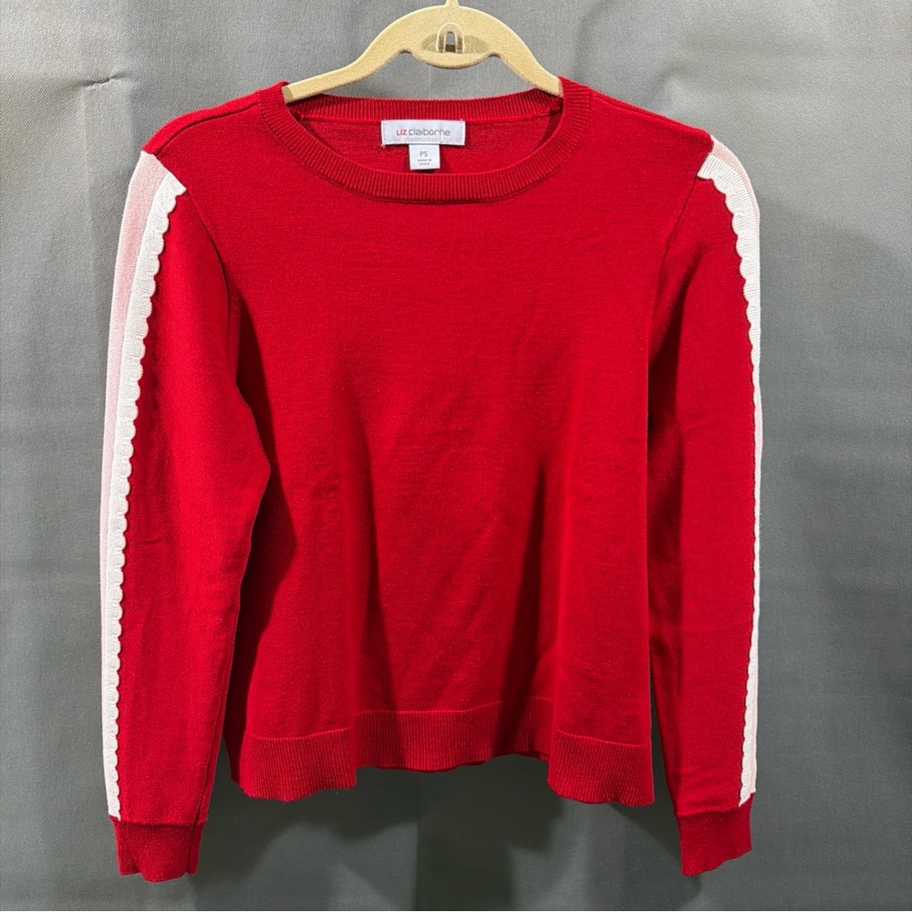 Liz Claiborne Red Sweater With White & Pink Sleeves Accent Sz PS / Read Desc